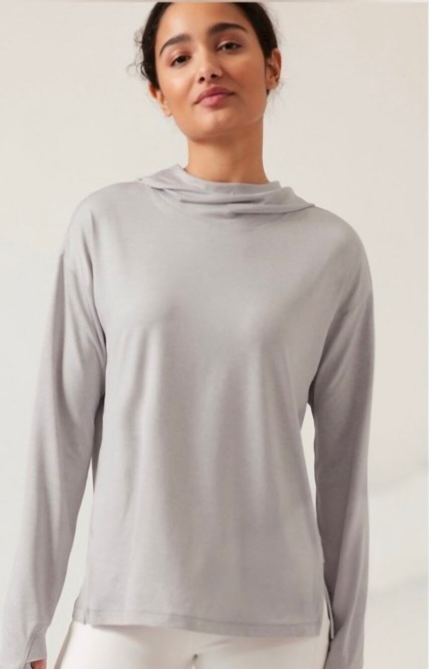 Athleta Hoodie Sweatshirt Uptempo Top Light Norwegian Gray XS Hooded Shirt LS
